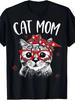 Retro Cat Mom T-Shirt | Cute Tabby Cat with Glasses & Red Bow Graphic Tee