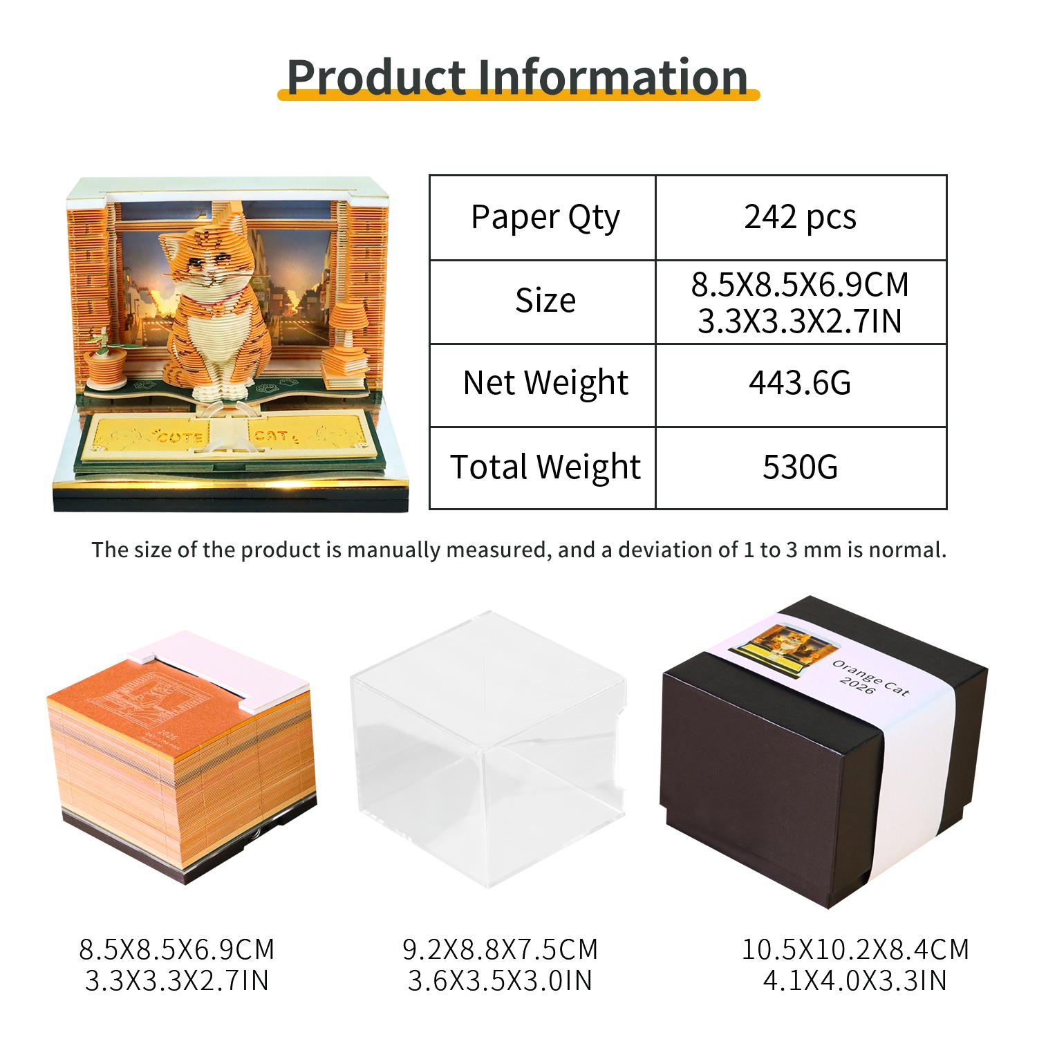 Cute Orange Cat 3D Memo Pad Calendar Promotional Sticky Notes Desk Office Gift Tear-Off Paper Sculpture 3D Memo Pad Art Calendar