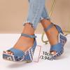 2025 Foreign Trade New European and American Style Denim Round Head Hollow One-word Buckle Weave Water Platform Muffin Bottom Slope Heel Sandals