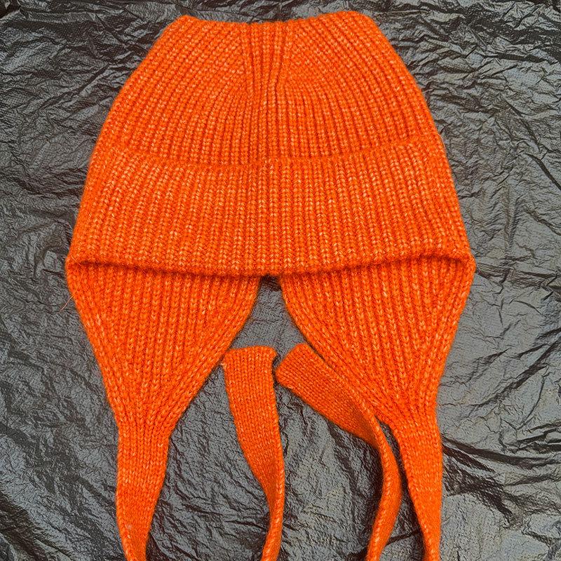 Cute Cat Ear Knitted Ear Protection Hat Women's Autumn and Winter Lace-up Wool Hat Strap Warm Cold Hat Versatile Bald Hat