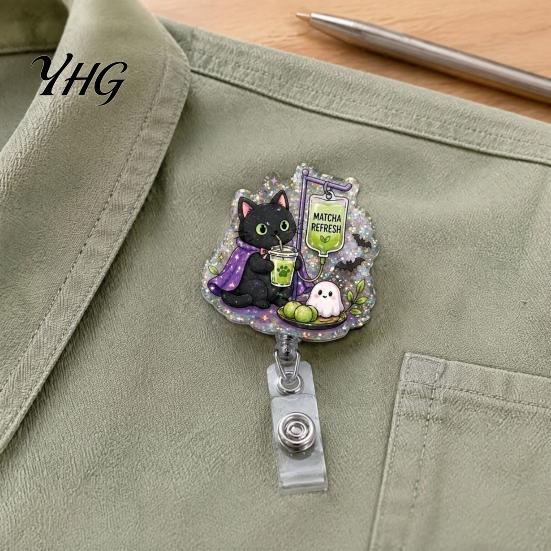 Id Card Holder Clip Halloween Retractable Badge Reel, Ghost Black Cat And Pumpkin Design, Work Accessories 360 Degree Rotating Acrylic ID for