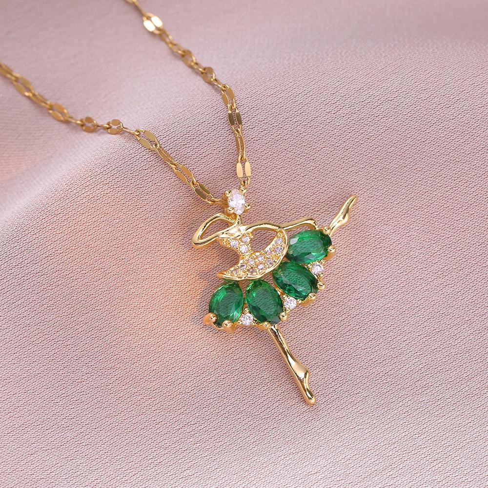 Women's European & American Ballet Girl Pendant Necklace with Emerald Micro-paved Zircon in Titanium Steel