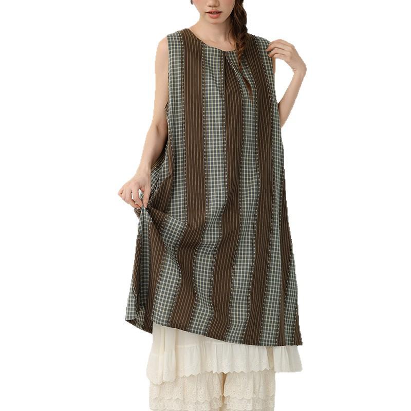Spring-Summer Retro Jacquard Plaid Stripe Double-Layered Loose Sleeveless Vest Dress