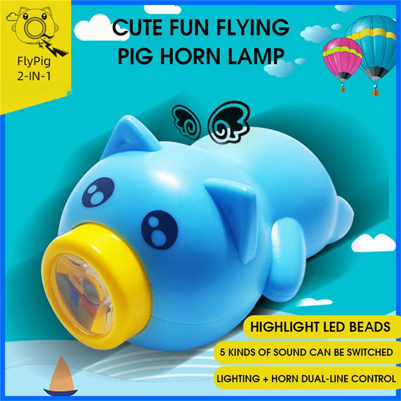 Bike Front Light with Horn Children Cartoon Piggy Bicycle Handlebar Lights Rechargeable Night Riding Kids Flying Pig Bell Lamp