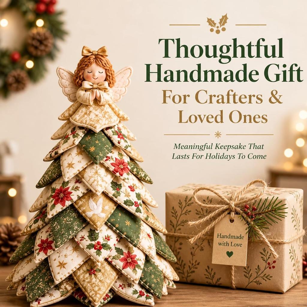 DIY 3D Patchwork Quilted Christmas Tree Kit 30cm Fabric Holiday Tabletop Decoration with Interchangeable Top Ornament Red Plaid Farmhouse Handmade