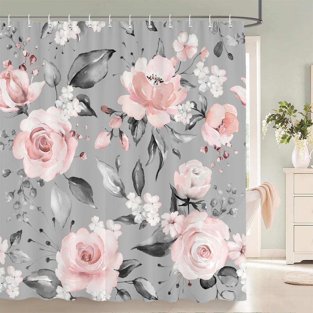 Eleganter Blumenvorhang 180x180cm Floral bedruckter Duschvorhang Polyester Badvorhang Badezimmerdeko Waschbar mit Haken