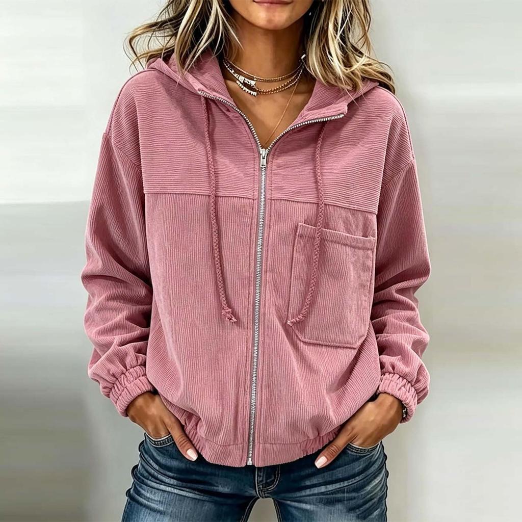 Giacca casual da donna con zip intera in velluto a coste con tasche per l'autunno