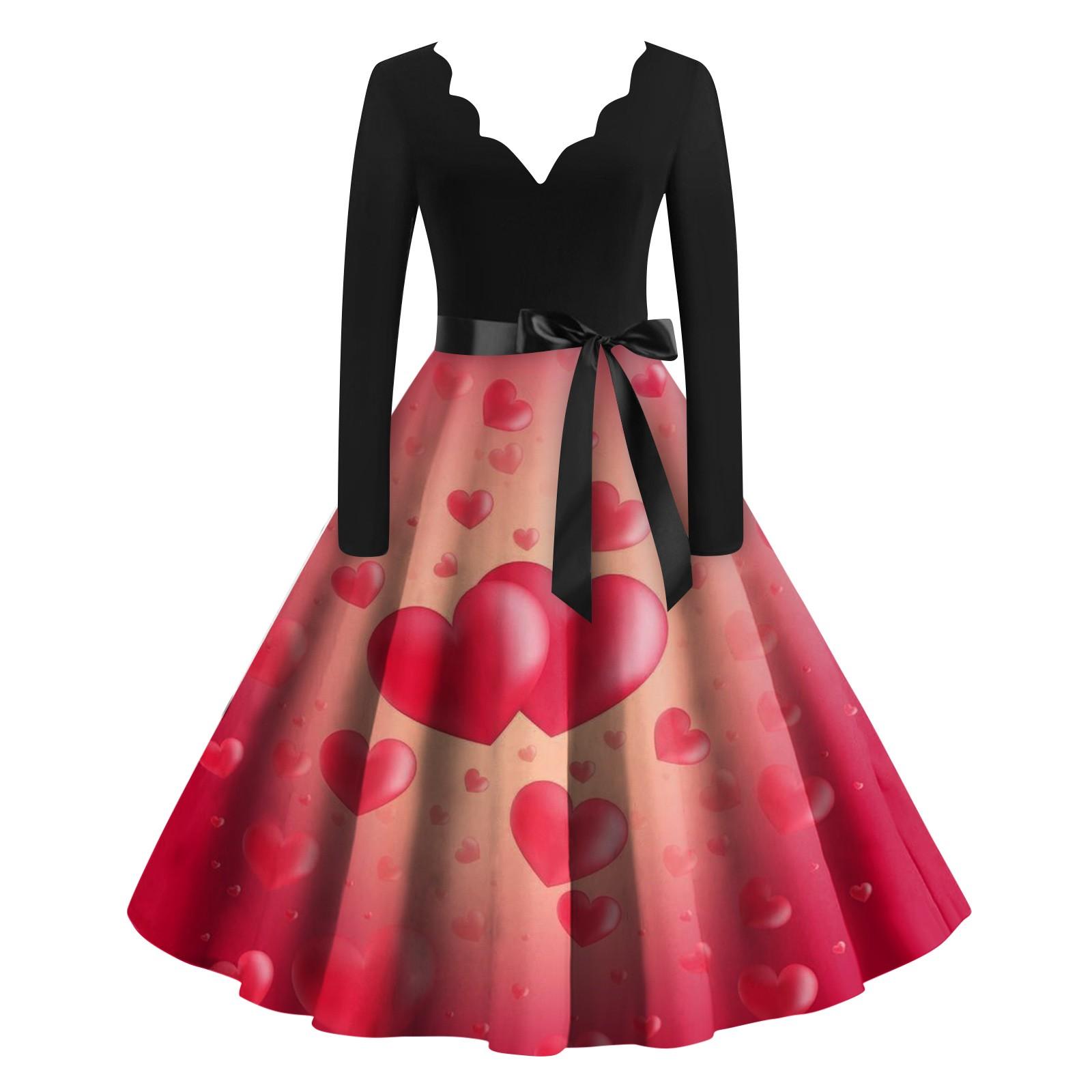 

Женское винтажное классическое платье с длинным рукавом и принтом ко Дню святого Валентина, свободное платье с V-образным вырезом XL