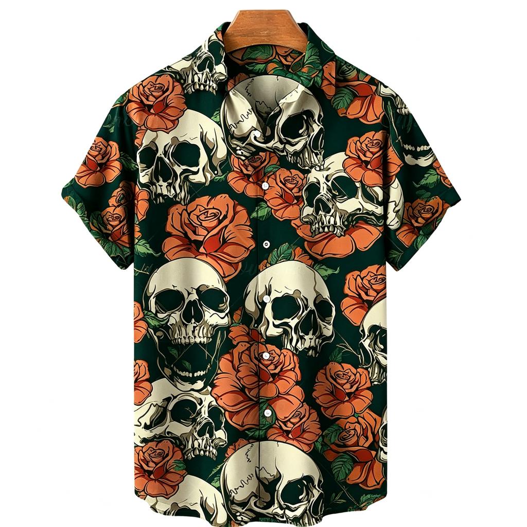 Men's Skull Golden Rose All Over Print Short Sleeve Shirt Button Lapel Loose Tops Summer Bar Beach Holiday Casual Mens Clothing