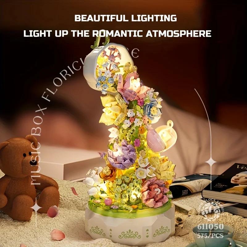 575 Peças Xícara de Chá Flor Caixa de Música Giratória Blocos de Construção Caixa de Presente Romântica de Dia dos Namorados para Meninas Enfeites Decorativos para Casa