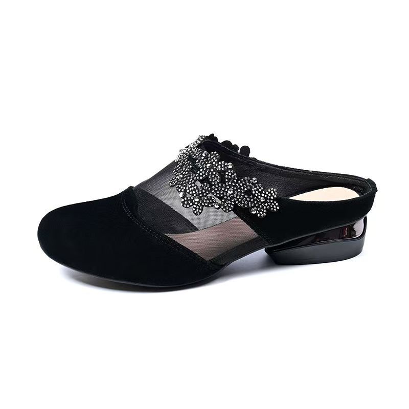 2025 New Summer Soft Leather Single Shoes Women's Mesh Yarn Flat Bottom Hollow Breathable Bag Head Rhinestone Matte Mother Women's Half Slippers