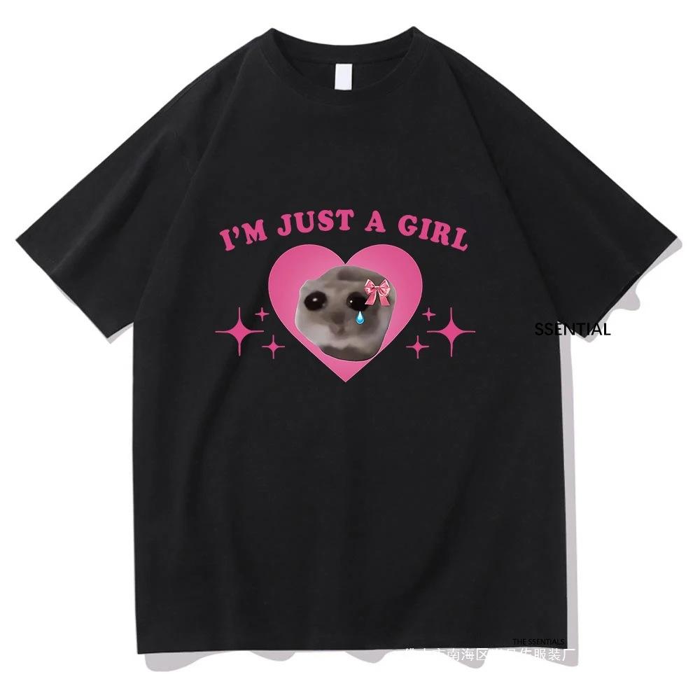 

Ladies Casual Round Neck Tshirt I Am Just A Girls Hamster Black Top Comfortable Loose Plus Size Short Sleeved Shirt 4XL