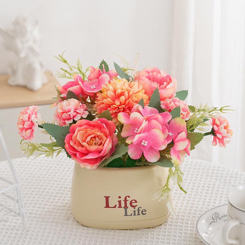 Living Room Decor: Artificial Sunflower and Green Plant Arrangements, Small Potted Plants, and Plastic Bouquets