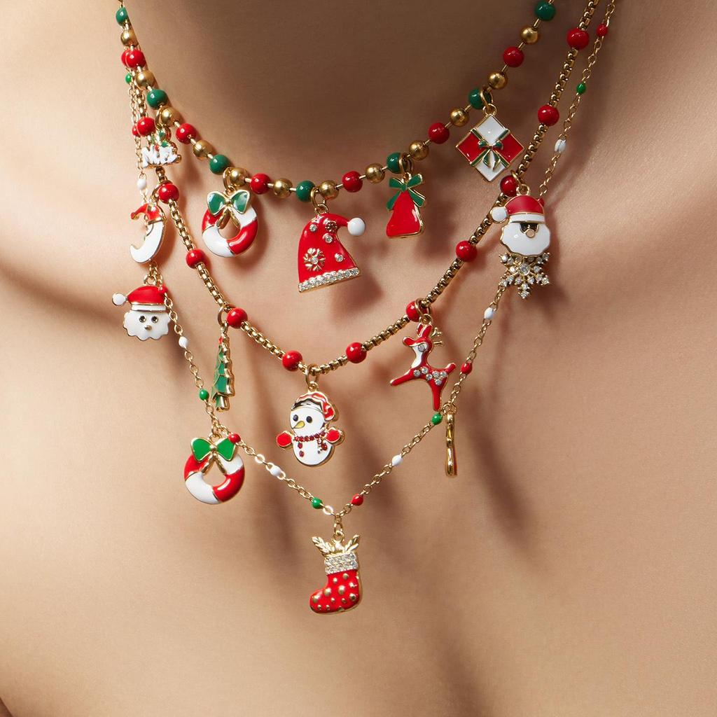 Santa Claus Stainless Steel Pendant Necklace with Drip Oil Beads for Women – European & American Christmas Style