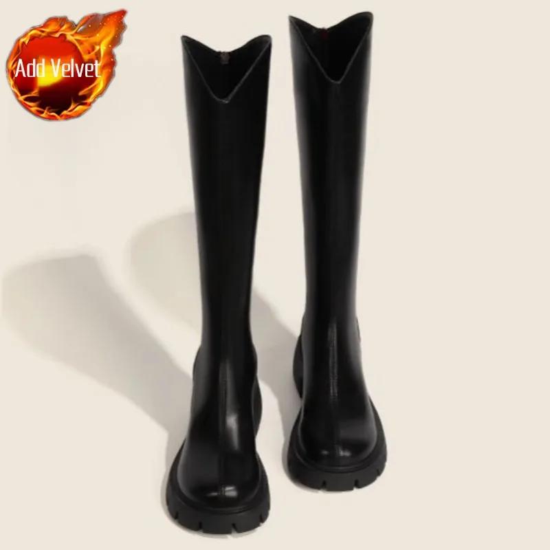 Fashion Ladies Knee High Shaft Shoes Black Round Toe Women's Long Boots Middle Heel Leather Designer Luxury Large Size Warm Quality Boot