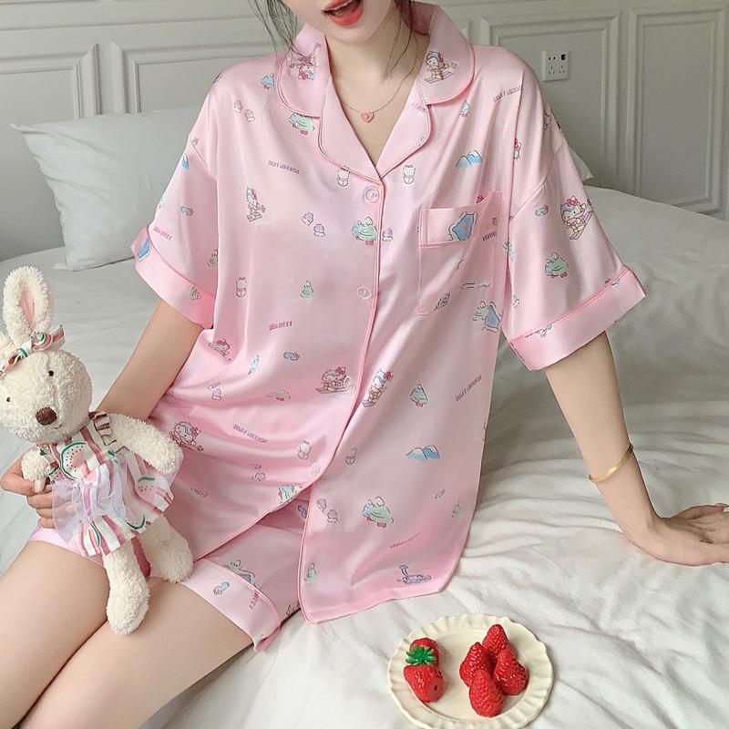 Japanese Style Home Pajamas Lapel Cartoon Short-Sleeved Shorts Ice Silk Thin Loungewear Set