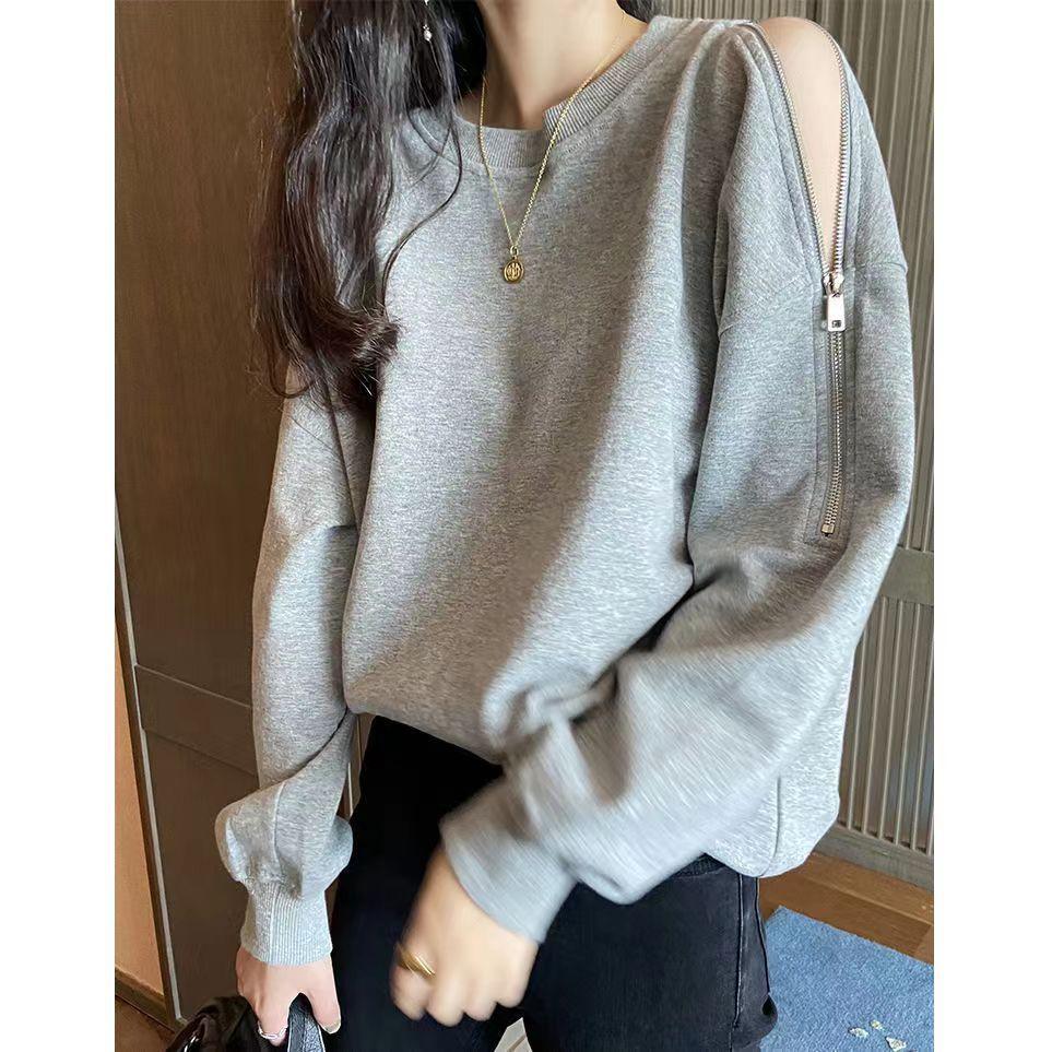 Women S Oversize Thin Autumn Long Sleeve Zip Off Shoulder Hoodie Loose Fit Solid Top