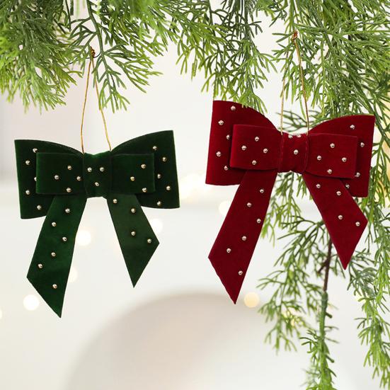 Velvet Christmas Tree Ornaments Rhinestones Heart Bow Shape Hanging Decor for Xmas Tree Window