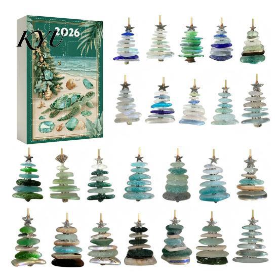 Beach Style Holiday Decor 2026 Sea Glass Christmas Countdown Calendar Blind Box, 24Pcs Coastal Theme Ornaments Acrylic Tree Hanging Ornaments,