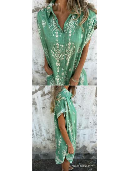 European & American Summer Casual Short-Sleeved Cotton Linen Shirt Dress with Pocket Print for Women