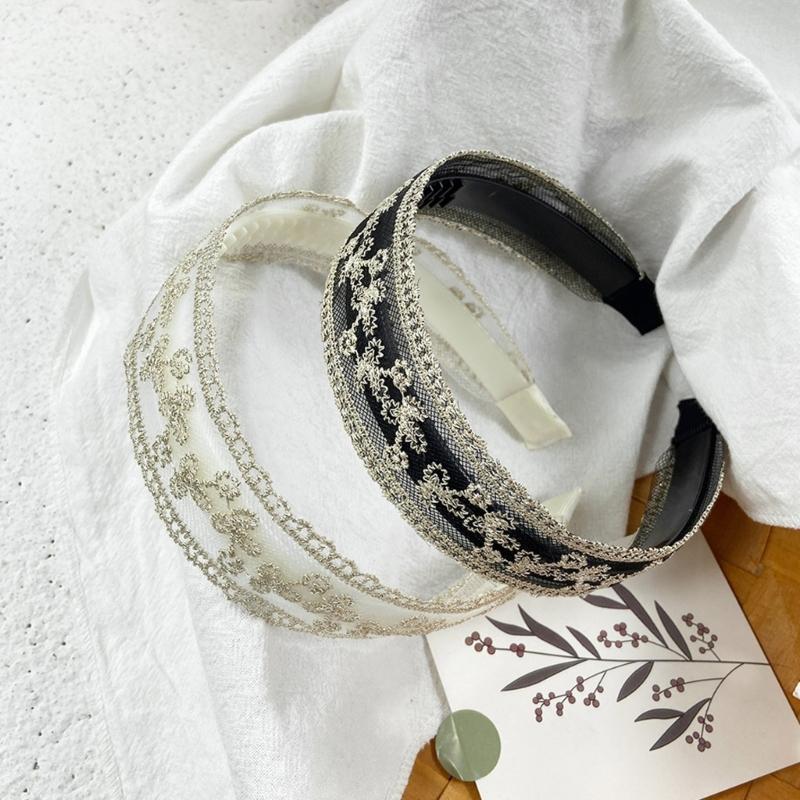 French Lace Wide Elegant Embroidered Tulle Hairband Slip Grip for Women Girls