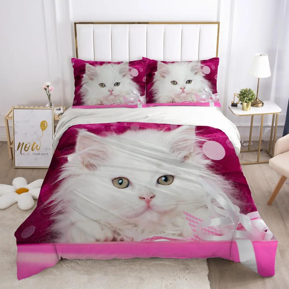 White Pet Cat Beding Set Colorfast Adult Peoples Children Winter Soft Duvet Cover Sets Children Kids,twin Ful Quen King Bedrom Set Home Textile