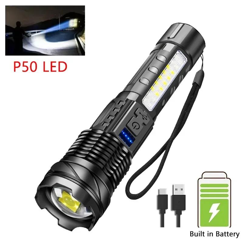 Powerful LED Strong Light Flashlights USB Rechargeable Tactical Zoom Torch with Built-in Battery Outdoor Camping Hunting Lantern