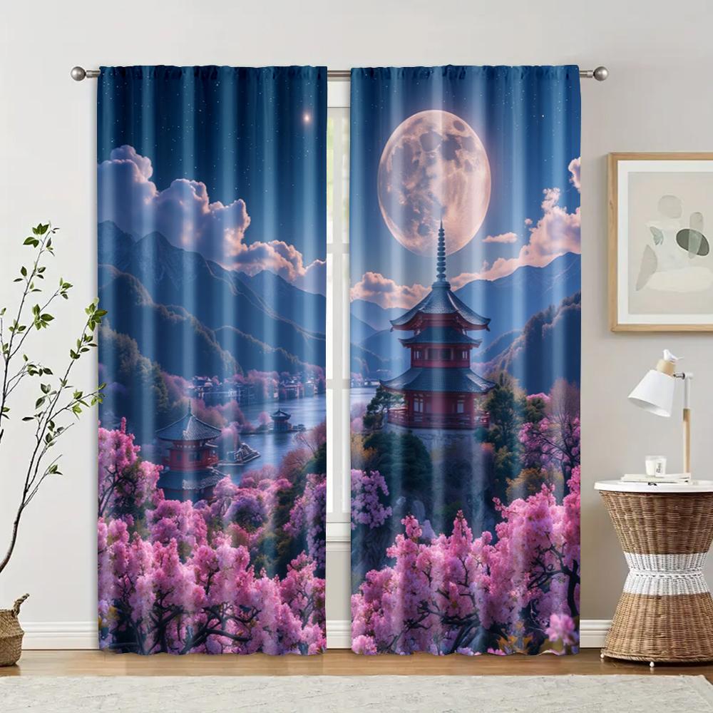 

2 pcs filtering curtains (excluding rods non-movable without batteries) Abstract Mountain Landscape with Moon & Tree for use 100*130 HOOK 1pcs