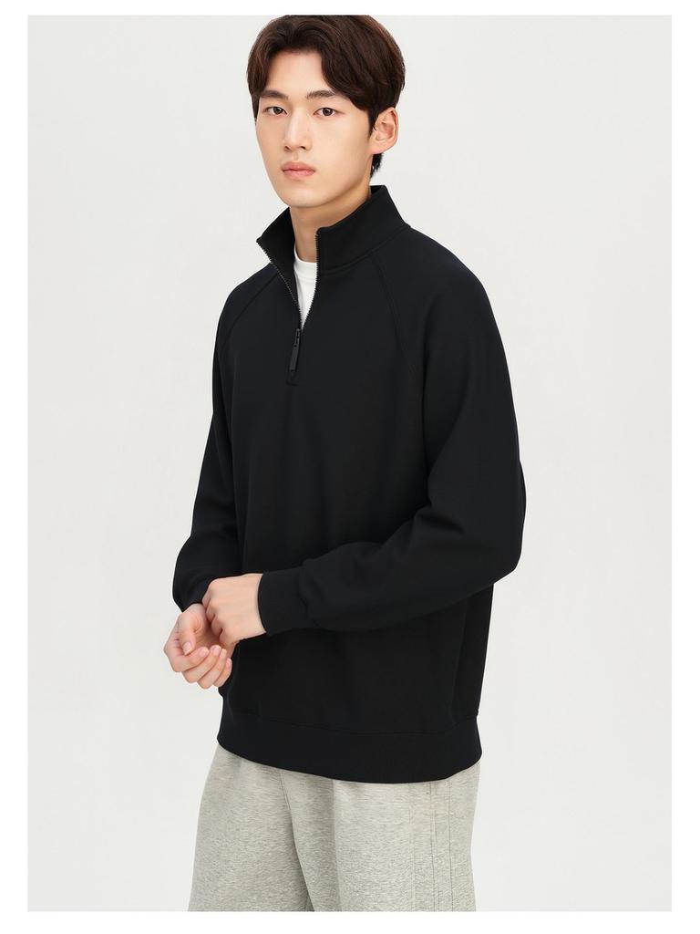 Men's 2025 Winter Black Fleece-Lined Half-Zip Stand Collar Sweatshirt