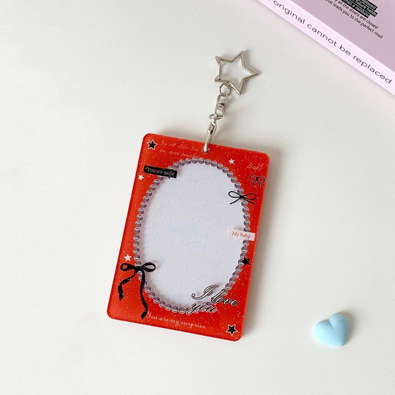 Cute Heart Bow Photocard Holder with Star Keychain Lace Frame Transparent ID Card Protector for Teen Girls Gift Card Display