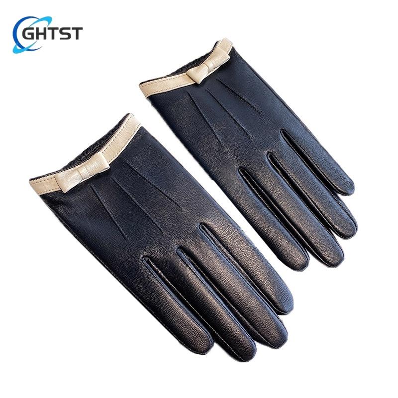 Black Simple Women Gloves Lambskin Leather Driving Gloves Fashion Bow Riding Fall Windproof Winter Warm Comfortable Gloves