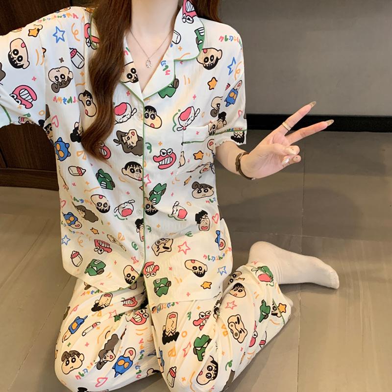 Mengqu Cartoon Cloud Cotton Pajamas Women'S Summer Short-Sleeved Trousers Set Loungewear