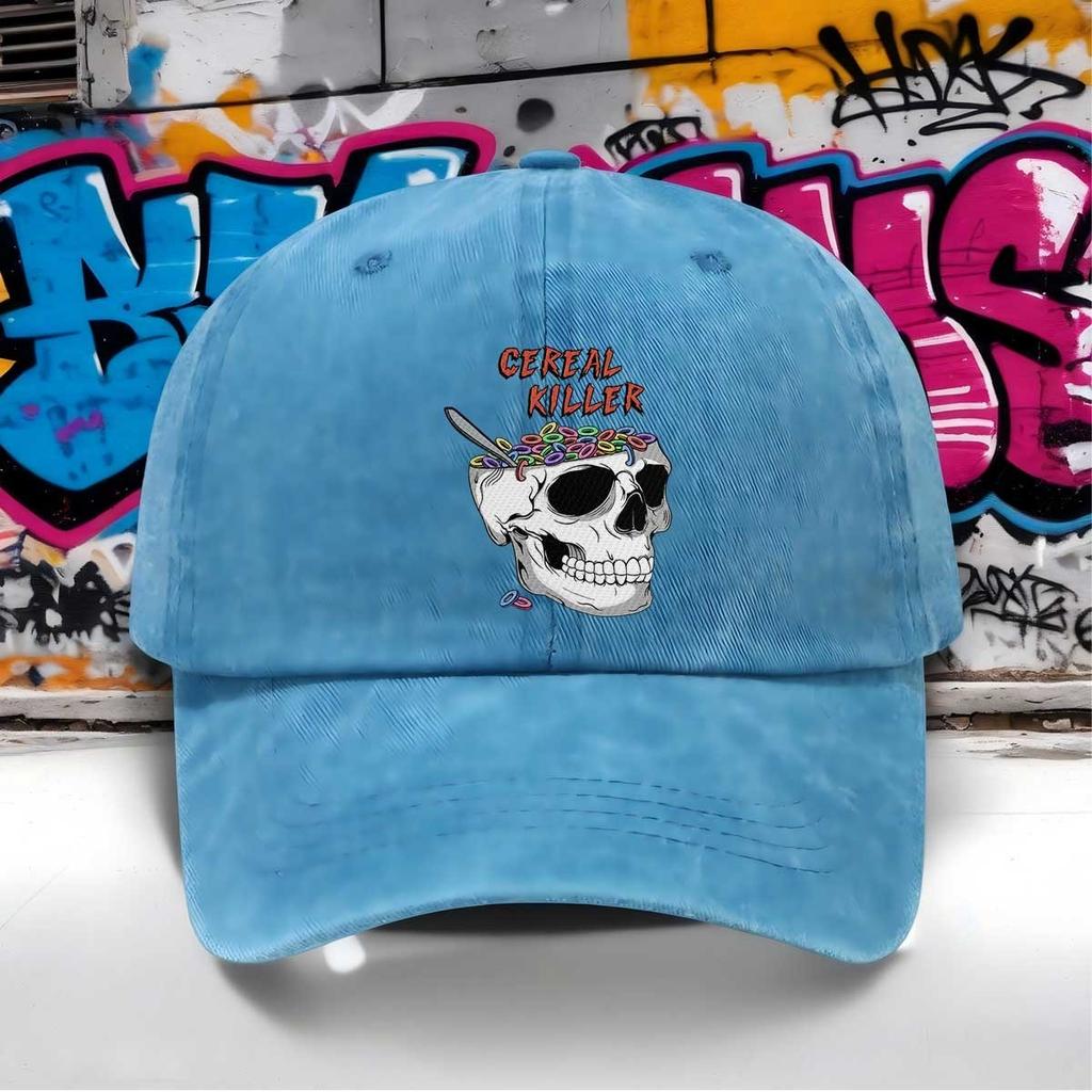 Cereal Killer Skull Graphic Washed Baseball Cap Funny Adjustable Cotton Outdoor Dad Hat