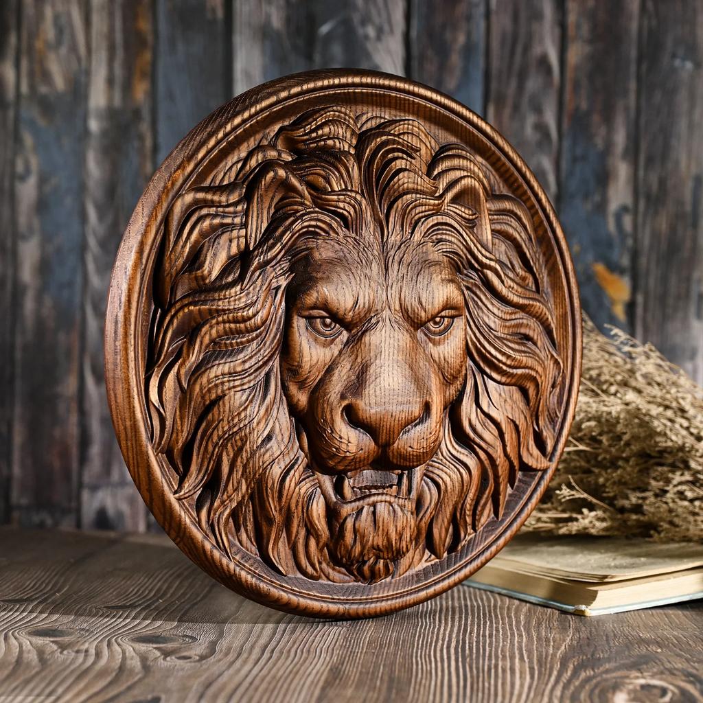 Vintage Wood Carving Animal Lion Head Crafts Wall Hanging Plaque, Retro Carving Home Decor