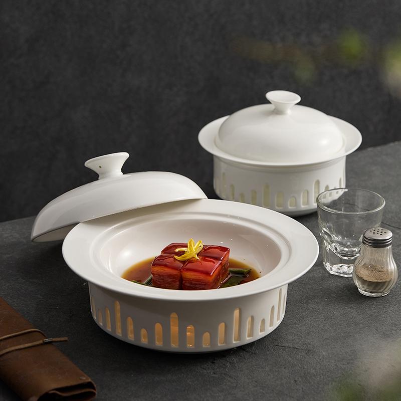 Round Insulated Dish Plate With Cover Restaurant Ceramic Candle Heating Furnace High-End El Griddle Dish Warm Dish Plate Quality