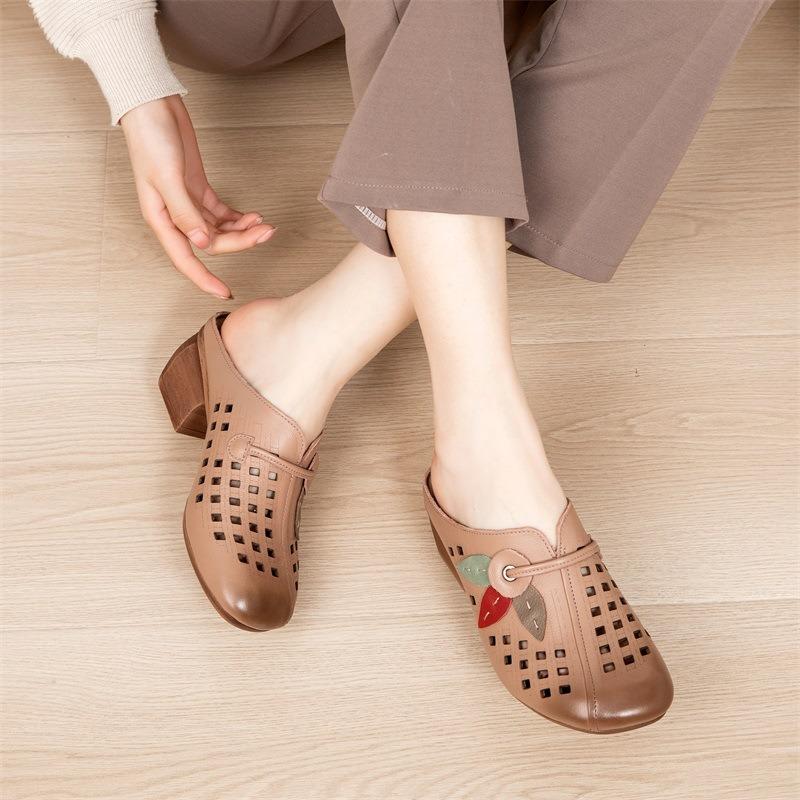 Summer sandals women's leather thick high heels flower old mother wearing bag head women's slippers