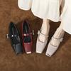 New Metal Toe Low Heel Patent Leather Mary Jane Shoes Women Red T-Bar Strap Chunky Heel French Style Flats