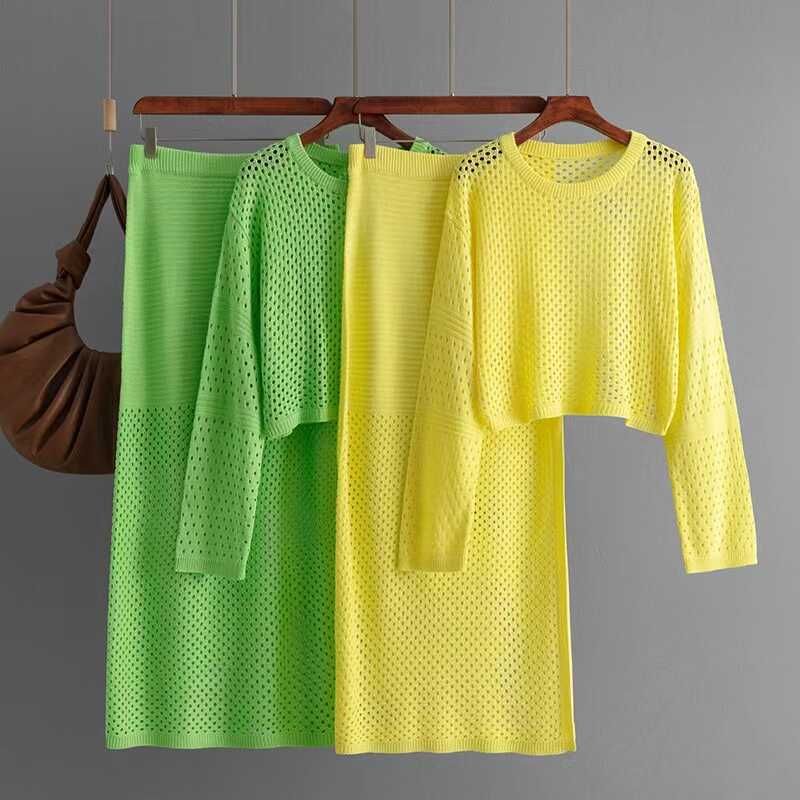 European and American Summer Hollow Knit Skirt Two-piece Set Hollow Knit Top and Skirt Set