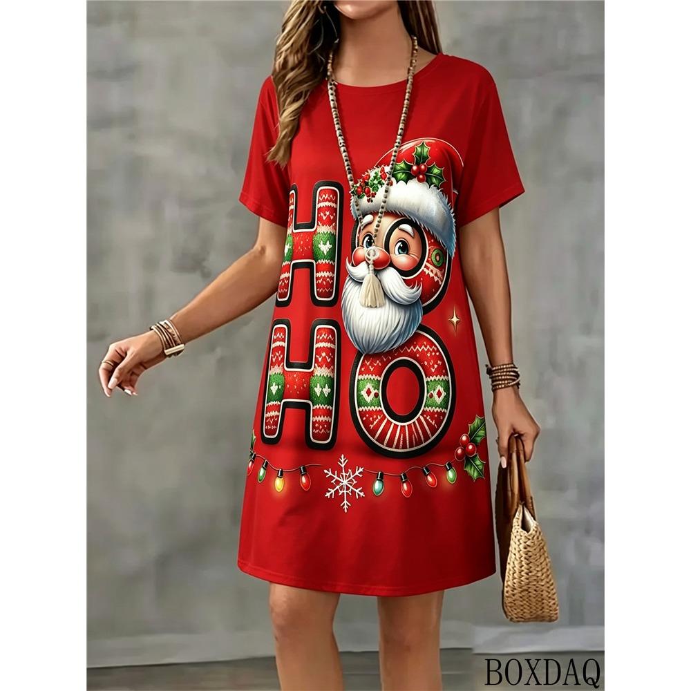 New Santa Claus Pattern Printed Women's Dress For Summer Christmas Casual Round Neck Short Sleeved Loose Pullover Dresses
