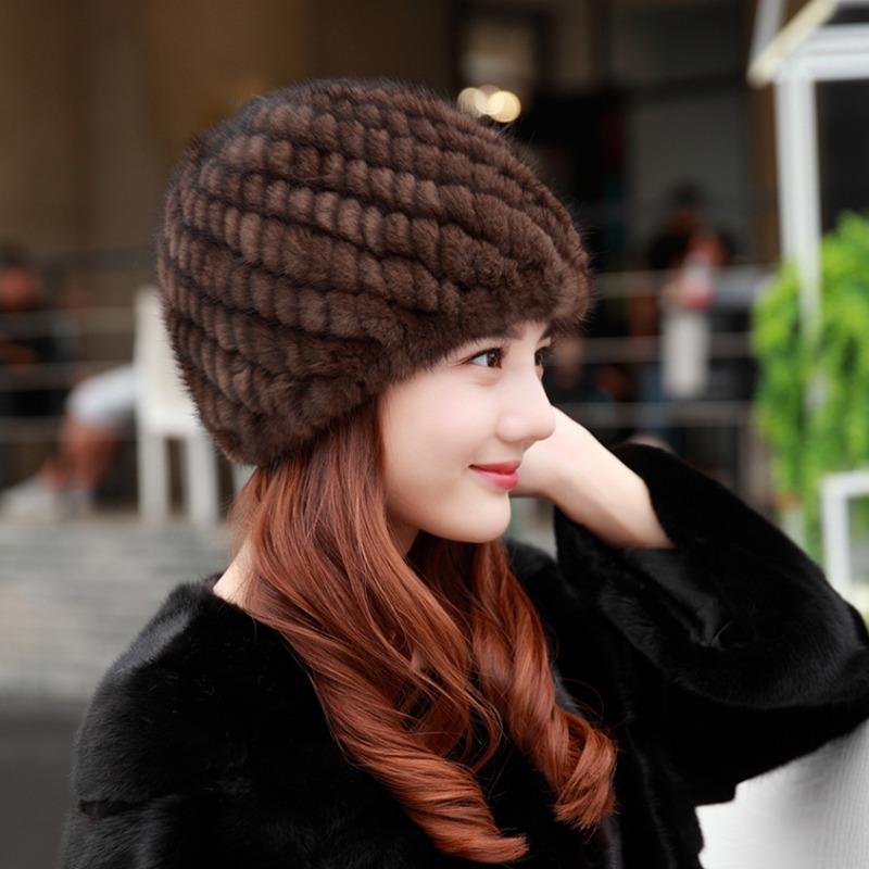 Mink Fur Hats For Women Fashion Ear Protection And Warm Natural Fur Knitted Hat Fluffy Fur Caps Ladies Black Fur Caps Winter Cap