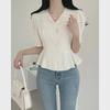 Retro Dark Rose Jacquard Puff Sleeve Ruffle Top