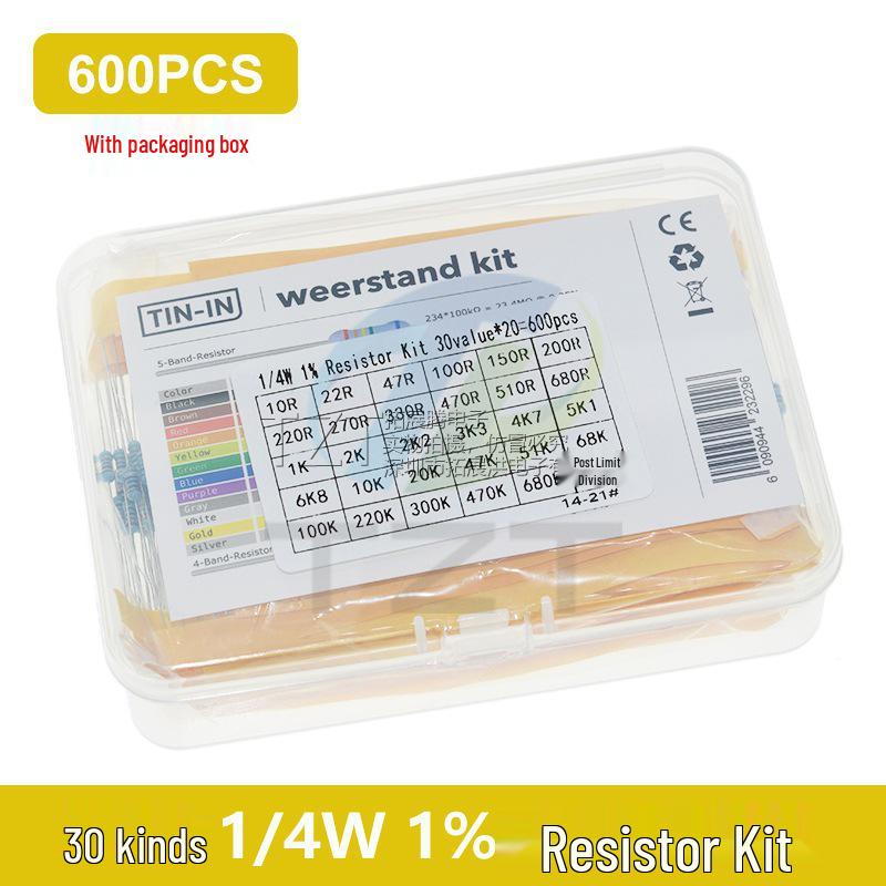 1% Precision Metal Film Resistor Pack: 30 Common 1/4W Five-Color Ring Values, 20 Pieces Each