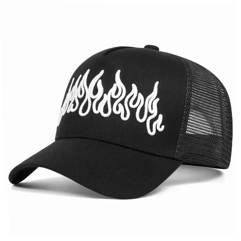 Neue modische Baseballkappe mit Flammenstickerei Hip Hop Skateboarding-Kappe Outdoor tägliche Freizeit Sonnenschutzkappe Unisex Netzmütze