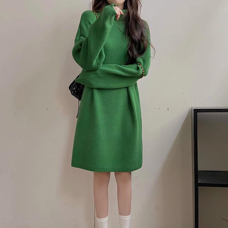 Korean Style High Neck Loose Sweater Dress - Petite Medium Length, Autumn/Winter