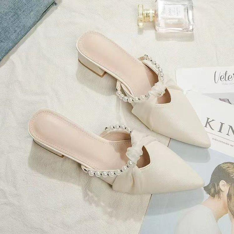French Thick Heel Bag Head Half Tray Shoes Women's 2025 Spring and Summer New Small Fragrant Pointed Head with Skirt Gentle Half Slippers