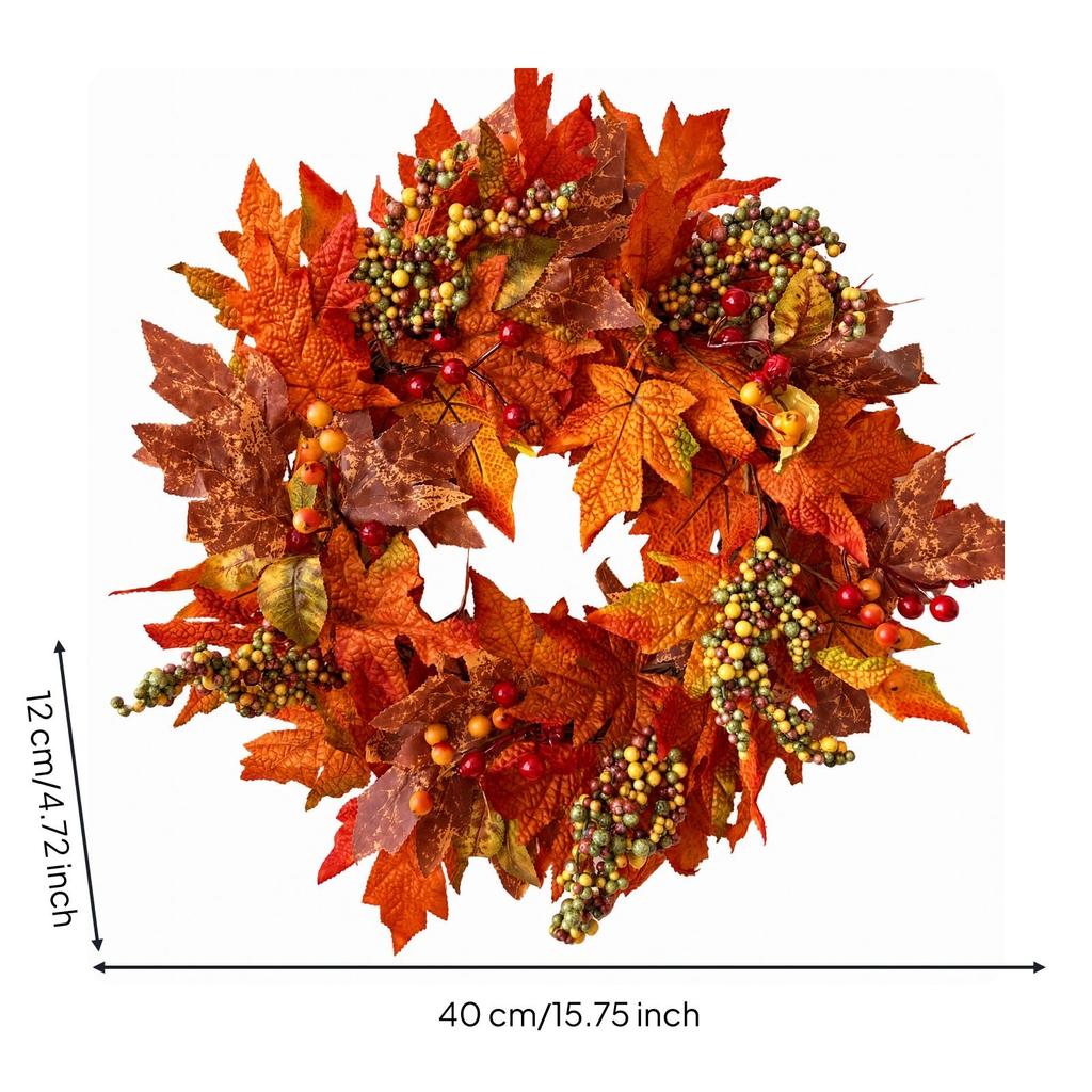 Door Wreath with Maple Leaves and Berries Artificial Fall Plump for Porch