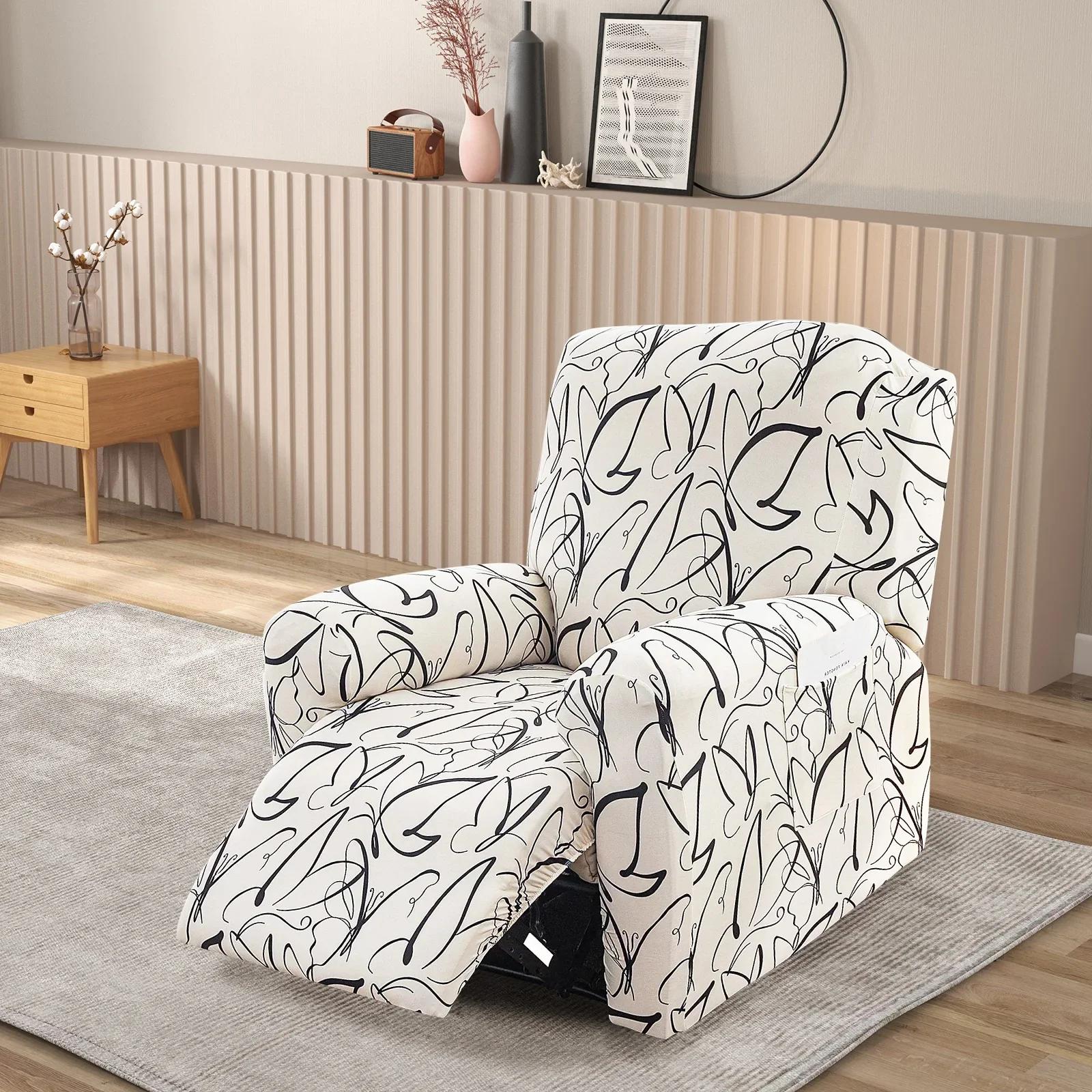 

4Pcs Elastic Recliner Sofa Cover Printed Stretch Recliner Slipcovers with Side Pockets Non Slip Sofa Slipcovers for Living Room