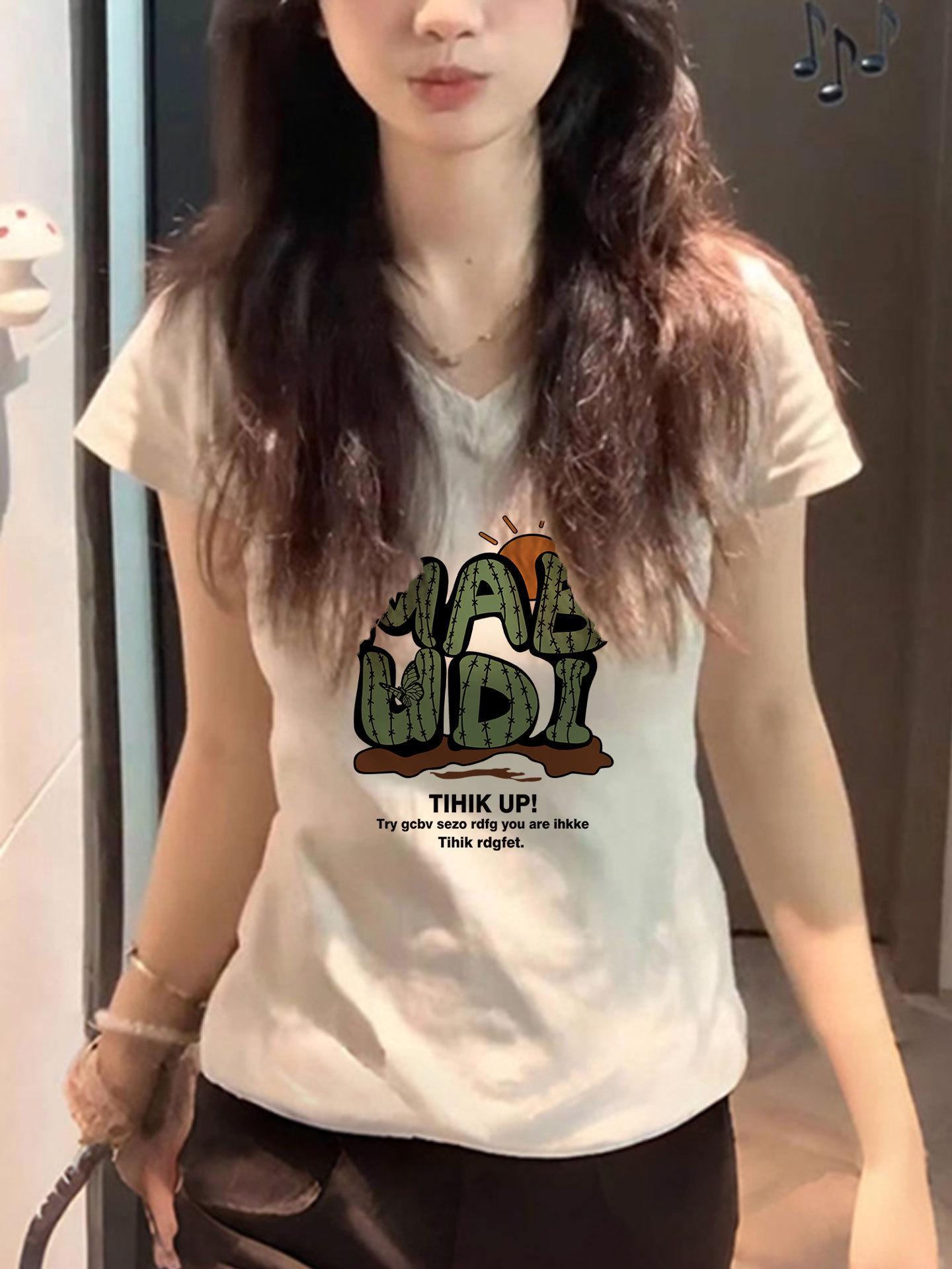 

Women s White Cotton V-Neck Short Sleeve T-Shirt - 2025 Summer Korean Chic, Loose & Slimming Design L 55.5-62.5 kg