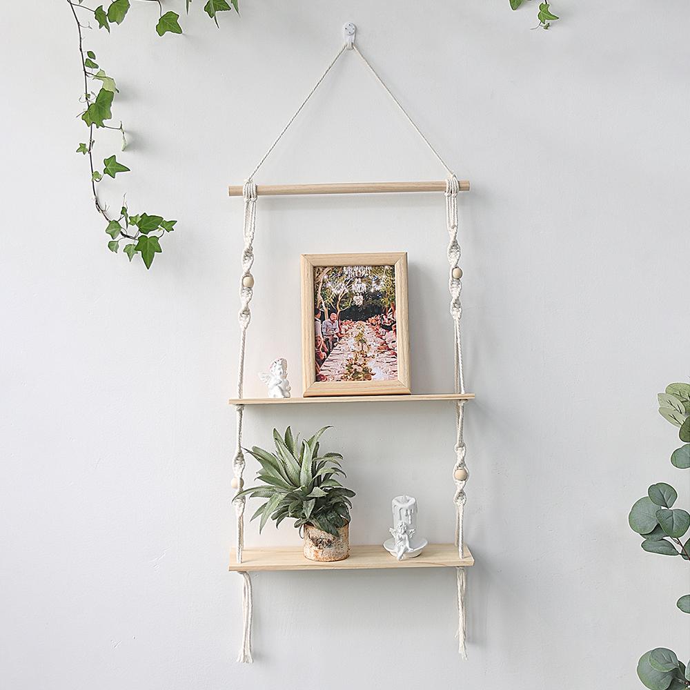 Wooden Wall Shelf Macrame Display Stand Boho Art Home Decoration Floating Shelf Nordic Wall Decor Living Room Nursery Aesthetics