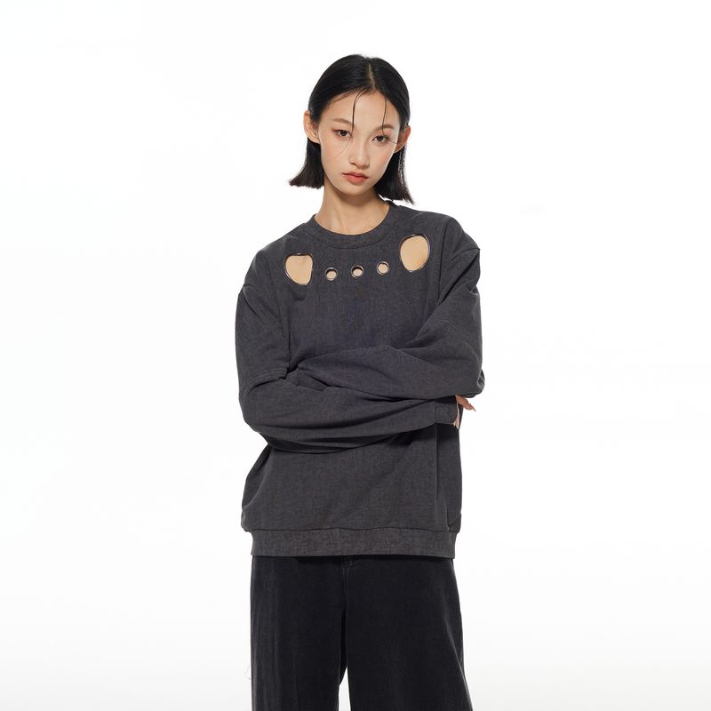 

High Frequency Craft Thelight Openwork Circle Design round Neck Sweatshirt Gray, Long Sleeve T-shirt Female Autumn New Arrival Dark gray XL